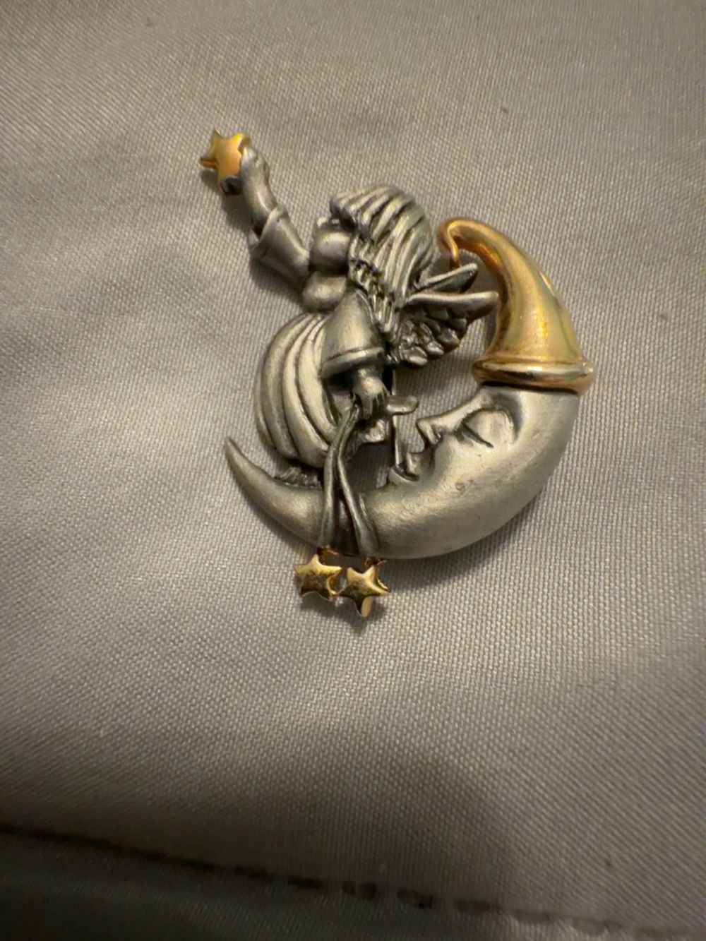 Silver and Gold Moon Angel Brooch - Women Jewelry